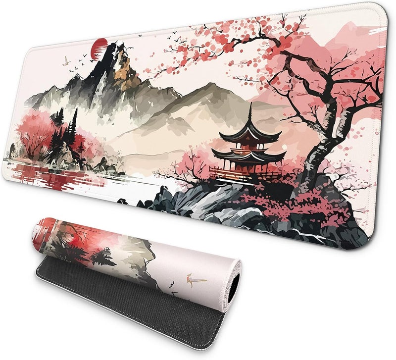 Mayflower Large Gaming Mouse pad, Full Keyboard Mat, Long Laptop Mousepad, Computer Mouse Mat for Home and Office, Anti-Slip Rubber Base, 31.5 x 11.8 Inches (Watercolor Cherry Blossom) - Image 1